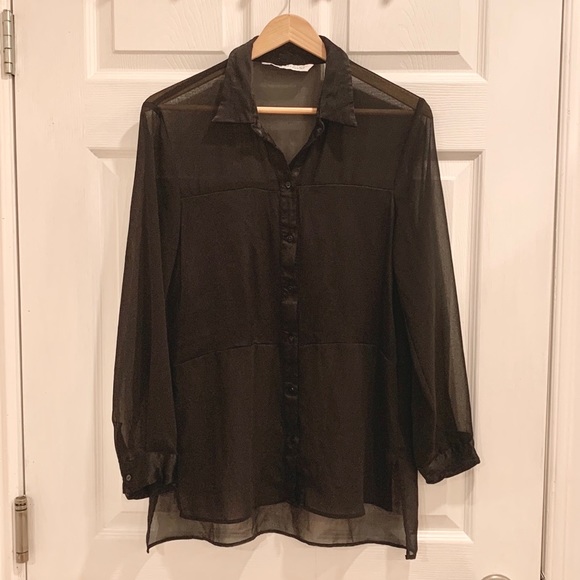 ZARA Sheer Satin Block Cutout Black Button Down Blouse - Picture 6 of 14